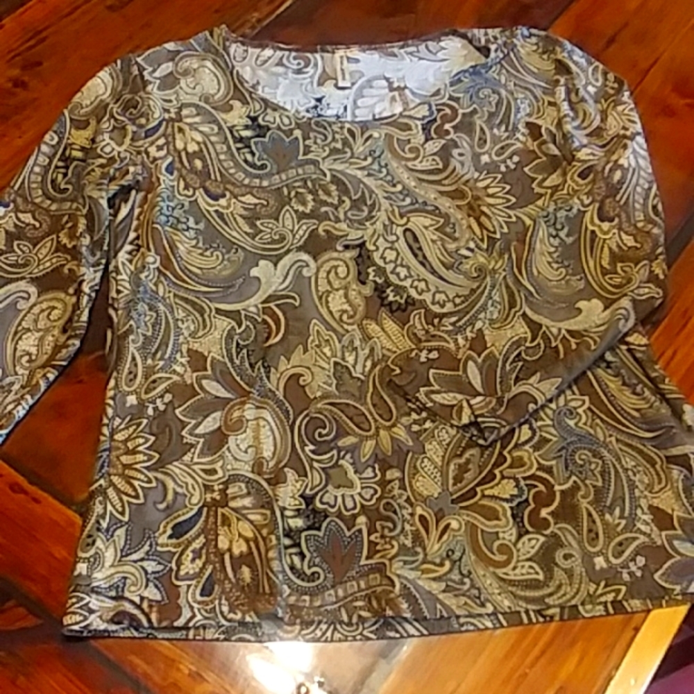 Susan Lawrence 3/4 length sleeves, brown paisley blouse